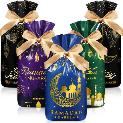 40 Pcs Eid Mubarak Gift Bags – Ramadan Theme, Drawstring, 4 Designs