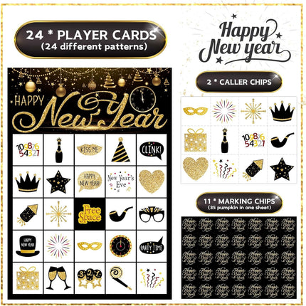 New Year Eve Bingo Game – 24 Player Kids Party Game Cards Set