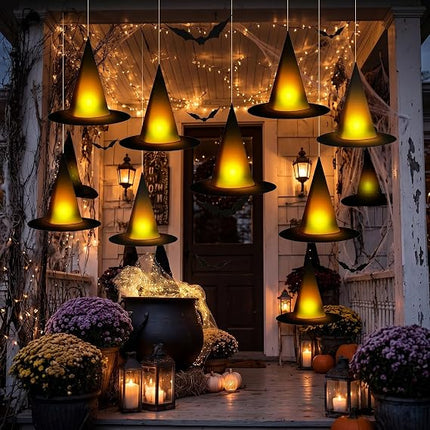 Halloween Floating Witch Hats with Tea Lights, DIY Light-Up Hats & 3D Bat Decor