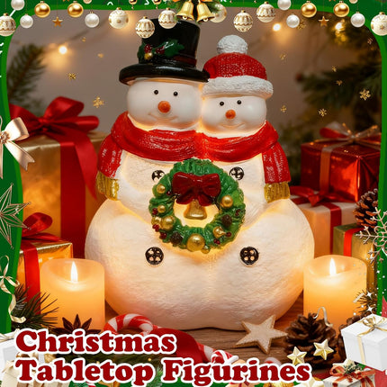 Snowman Couple Figurines with Wreath | Resin Christmas Tabletop Decor
