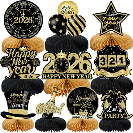 10 PCS Happy New Year 2026 Honeycomb Centerpieces Black & Gold Table Decor