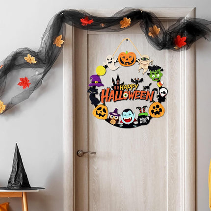 Halloween Wooden Pumpkin Ghost Door Wreath, Happy Halloween Hanging Sign Front Door
