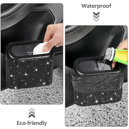 Bling Car Trash Can with Lid – Mini Auto Garbage Bin, 60 Bags, Black Rhinestone