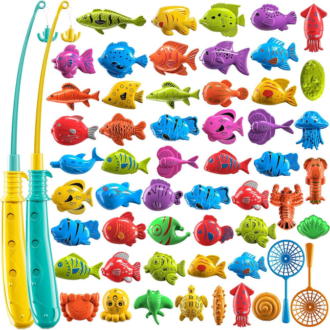 51PCS Magnetic Fishing Game Toy with Rod Net Bath Water Play Set for Kids