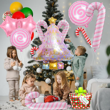 9PCS Pink Christmas Balloons – Tree & Candy Cane Foil Balloons for Party