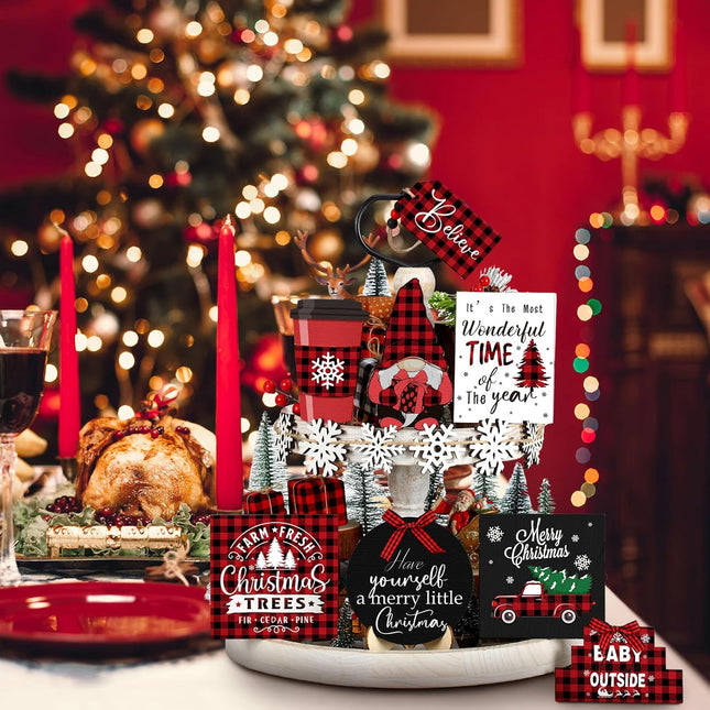 14-Pcs Christmas Tiered Tray Decor – Buffalo Plaid Snowflake Gnome Wooden Signs