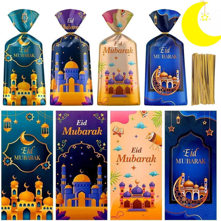100 Pcs Ramadan Goodie Bags – Eid Mubarak Plastic Cellophane Bags with Twist Ties