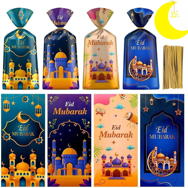 100PCS Ramadan Goodie Bags Eid Mubarak Gift Bags with Gold Twist Ties