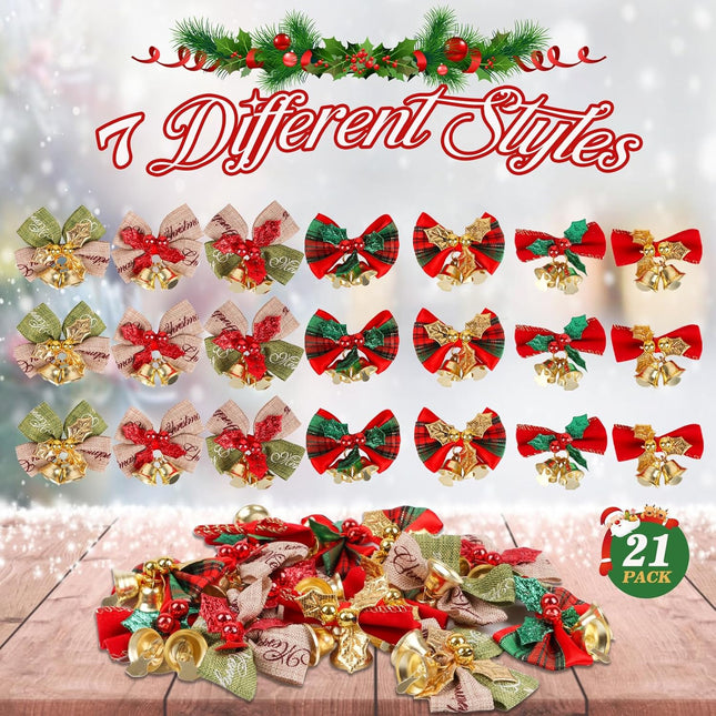 21pcs Christmas Bows with Bells – Mini Linen Bowknot Xmas Tree Decor