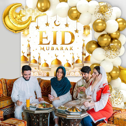 70 PCS Eid Mubarak Decorations – White & Gold Balloons, Moon & Star Foil