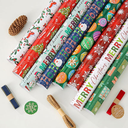 8PCS Christmas Wrapping Paper Set – Sheets, Tags, Stickers & Ribbons 28"x20"