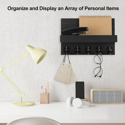 Wall Key Holder with Shelf – Large Hooks for Keys, Bags & Coats, Paulownia Wood