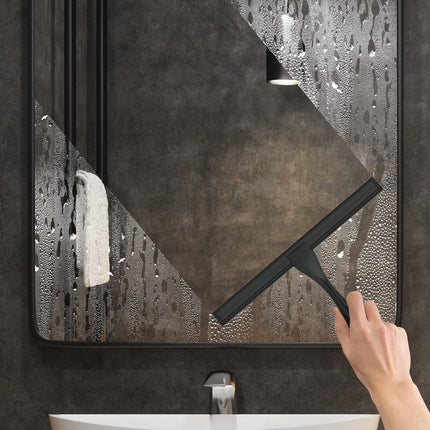 12in Black Shower Squeegee Stainless Steel Window Glass Cleaner w/ 2 Hooks