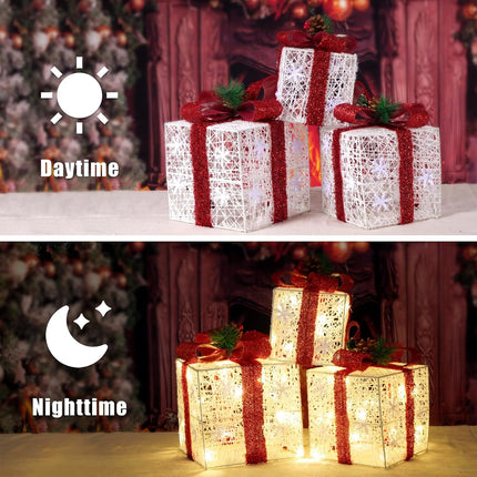 3PCS Christmas Lighted Gift Boxes – Battery Operated with Warm White LED Lights