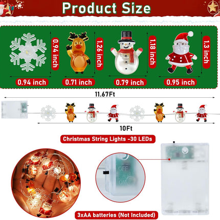10ft Christmas String Lights – Battery Santa, Snowflake & Elk Decorations
