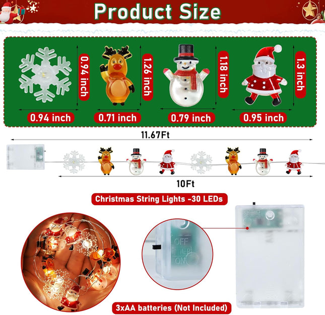10ft Christmas String Lights – Battery Santa, Snowflake & Elk Decorations