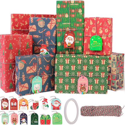 Christmas Gift Wrapping Paper Set – 12 Sheets of Classic Kraft Holiday Wrap with Gift Tags