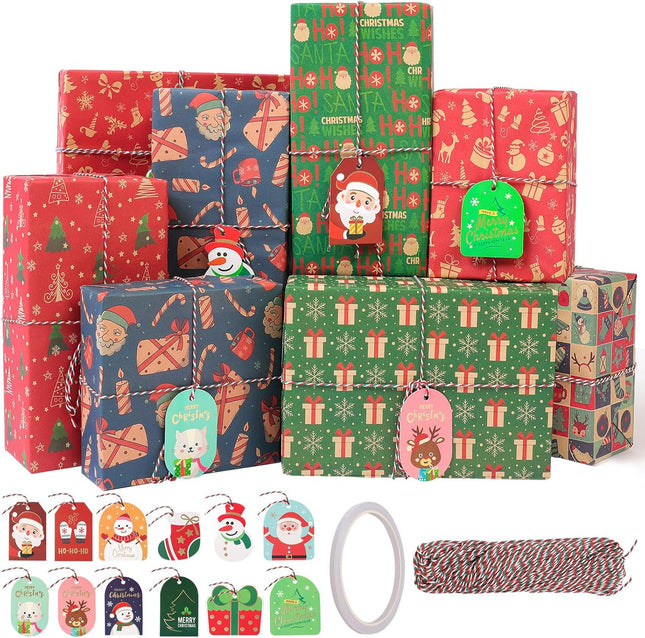 Christmas Gift Wrapping Paper Set – 12 Sheets of Classic Kraft Holiday Wrap with Gift Tags