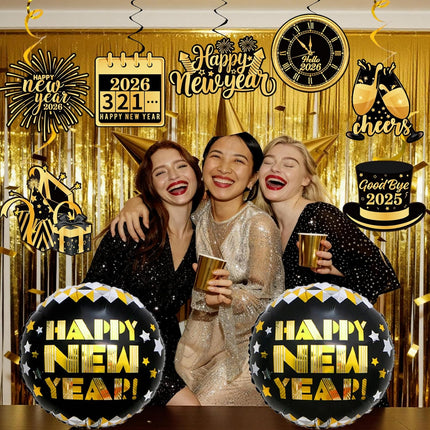 25-Piece 2026 New Year Party Supplies – Black & Gold Banner & Balloons