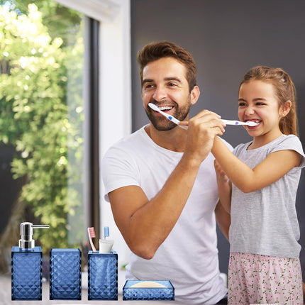 4-Piece Blue Plastic Bathroom Accessories Set Diamond Pattern Soap Dispenser Holder
