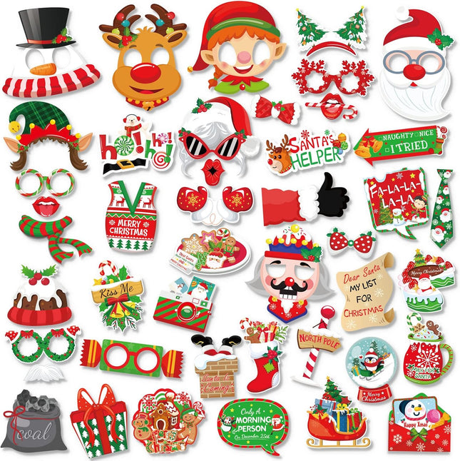 44PCS Christmas Photo Booth Props – Santa, Snowman & Candy Cane Selfie Signs