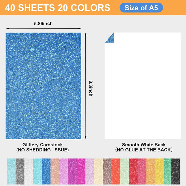 40 Sheets Glitter Cardstock Paper A5, 20 Colors No-Shed Sparkly Craft Paper, 250 GSM