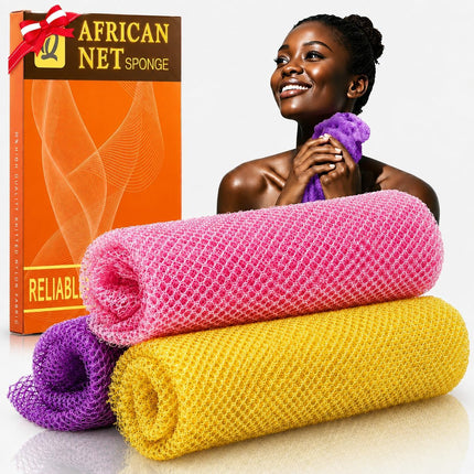 3 Pack African Exfoliating Net Sponge Long Nylon Body Back Scrubber Pink Yellow Purple