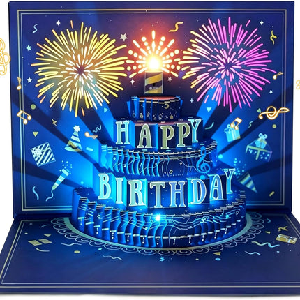 3D Musical Pop-Up Birthday Card, Lights, Fireworks & Candle, Birthday Gift for Mom & Dad