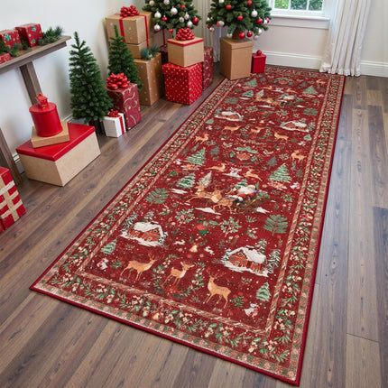 Red Christmas Tree & Santa Runner – 2'x8' Soft Non-Slip Holiday Rug