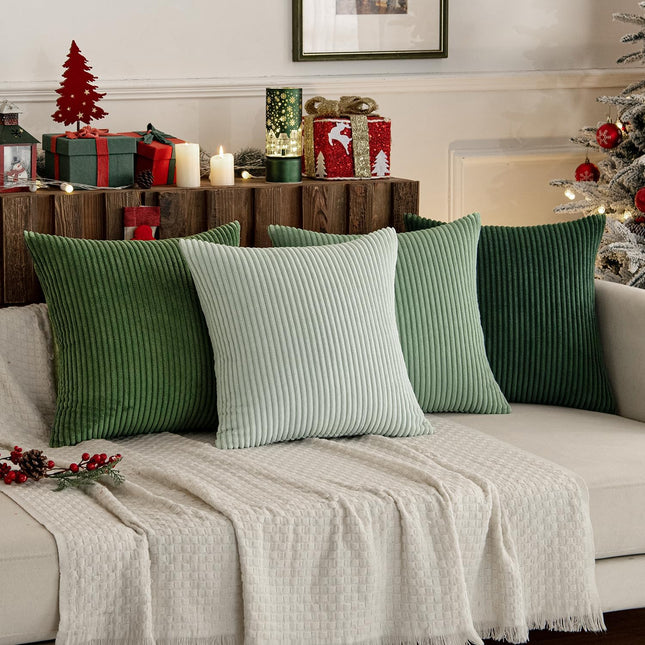 Boho Farmhouse Sage Green Pillow Covers 18x18 – Set of 4 Corduroy