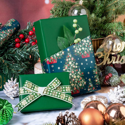 Holiday Wrapping Paper – 17"x33' Reversible Green Xmas Tree Gift Wrap Roll