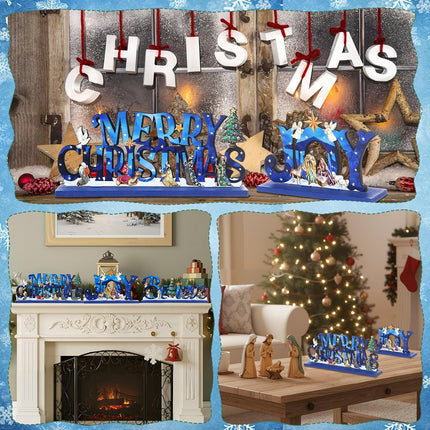 3-Pc Wooden Nativity Table Decor – Christian Christmas Centerpiece Set (Blue)