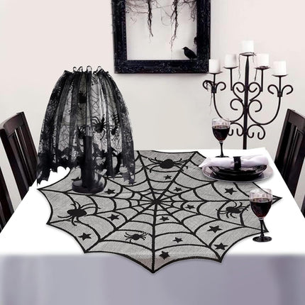 5-Piece Halloween Lace Decor Set, Spiderweb Table Runner, Mantel Scarf & 3D Bats