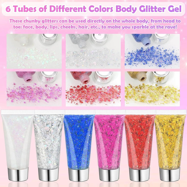 6 Colors Glitter Gel for Body & Face – Sparkle Makeup for Festivals, Hair, and Skin