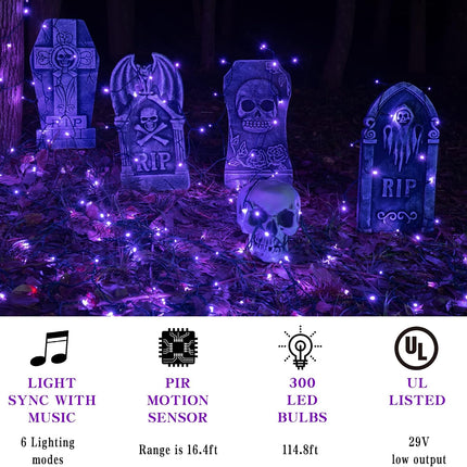 114.8FT Halloween String Lights, 300 LED Music Sync, Spooky Sounds, Waterproof