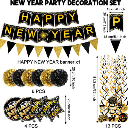 Happy New Year Party Decoration Set – Banner, Bunting, Balloons & Swirls