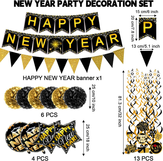 Happy New Year Party Decoration Set – Banner, Bunting, Balloons & Swirls