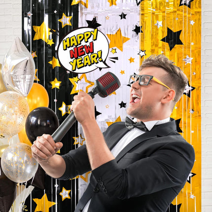 2-Piece New Year Party Backdrop – 3.3×6.6ft Foil Fringe Black, Gold, Silver