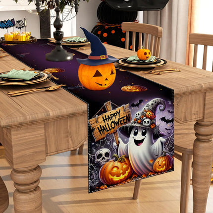 Halloween Ghost Pumpkin Table Runner 13x72in, Polyester Dining Table Decor