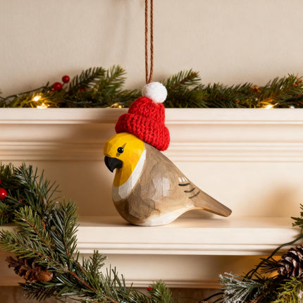 Hand-Carved Christmas Bird – Wood Cockatiel Ornament with Red Knit Hat