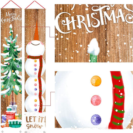 Merry Christmas Porch Sign – Snowman & Xmas Tree Hanging Banner for Holiday Door Décor