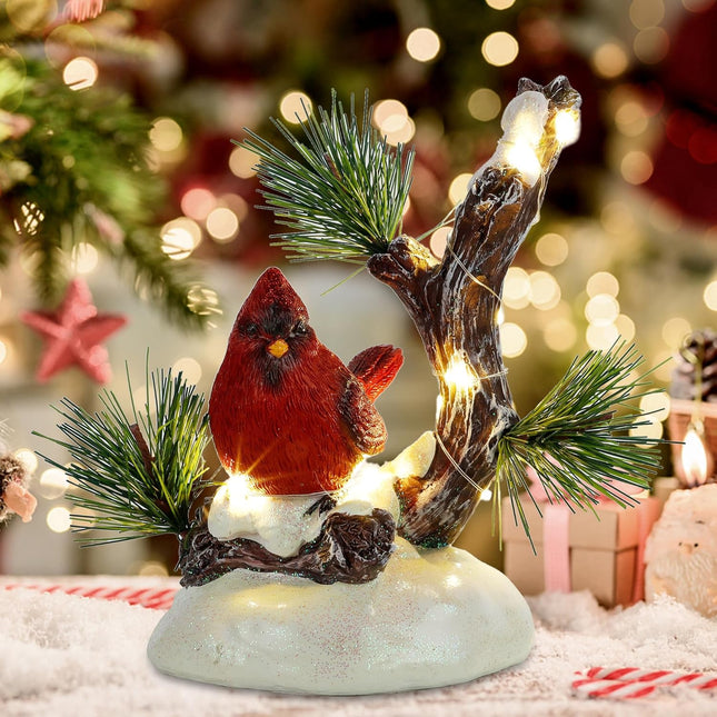 Christmas Tabletop Decor, Lighted Red Cardinal Resin Ornament with LED Lights for Holiday Table