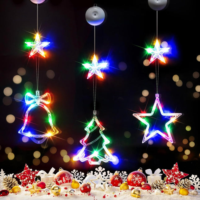3Pcs Battery-Powered Christmas Window Lights – Tree, Jingle Bell & Star Shaped Holiday Décor