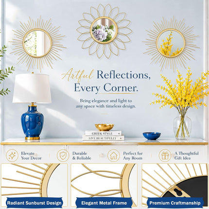 3 Pack Metal Wall Mirrors, Gold Sunburst & Flower Design, Decorative Home Art