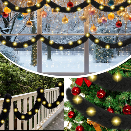 LED Lighted Fur Garland 50ft – Black Furry Xmas Tree Ribbon Decoration