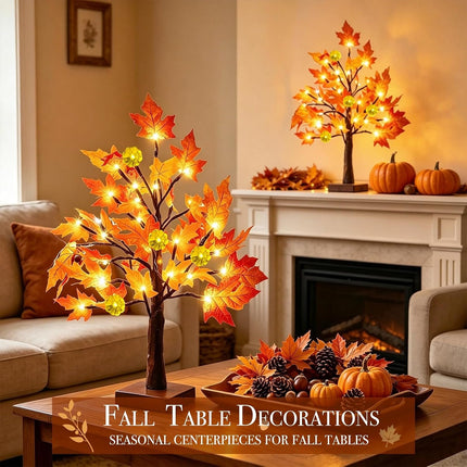 2-Pack 18in Pre-Lit Fall Maple Trees, 48 LEDs, Timer, Thanksgiving Table Decor