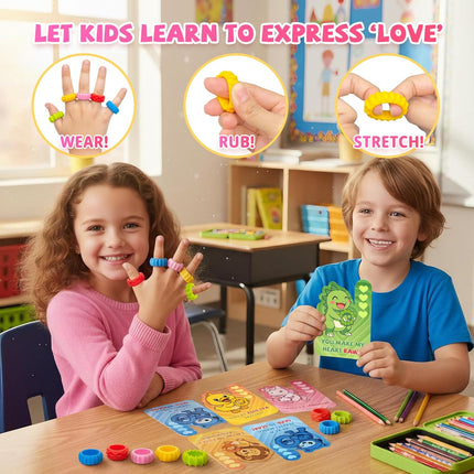 30 Pack Valentine’s Day Cards for Kids with Fidget Sensory Rings & Toys