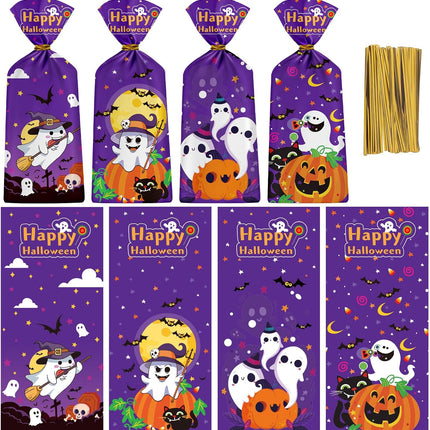 60-Piece Halloween Treat Bags, Cute Cellophane Candy Bags with Gold Twist Ties