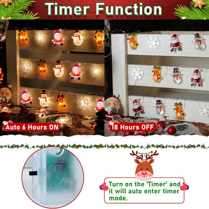 10ft Christmas String Lights – Battery Santa, Snowflake & Elk Decorations