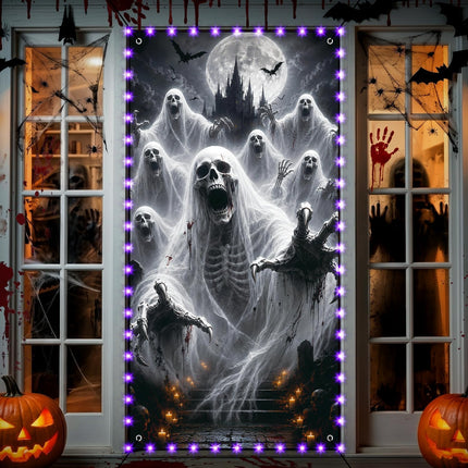 71x35in Halloween Skeleton Door Cover with LED Lights, Spooky Haunted House Decor